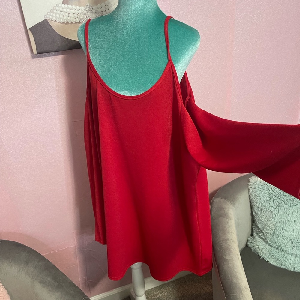 Red long sleeve cold shoulder dress. Dress only